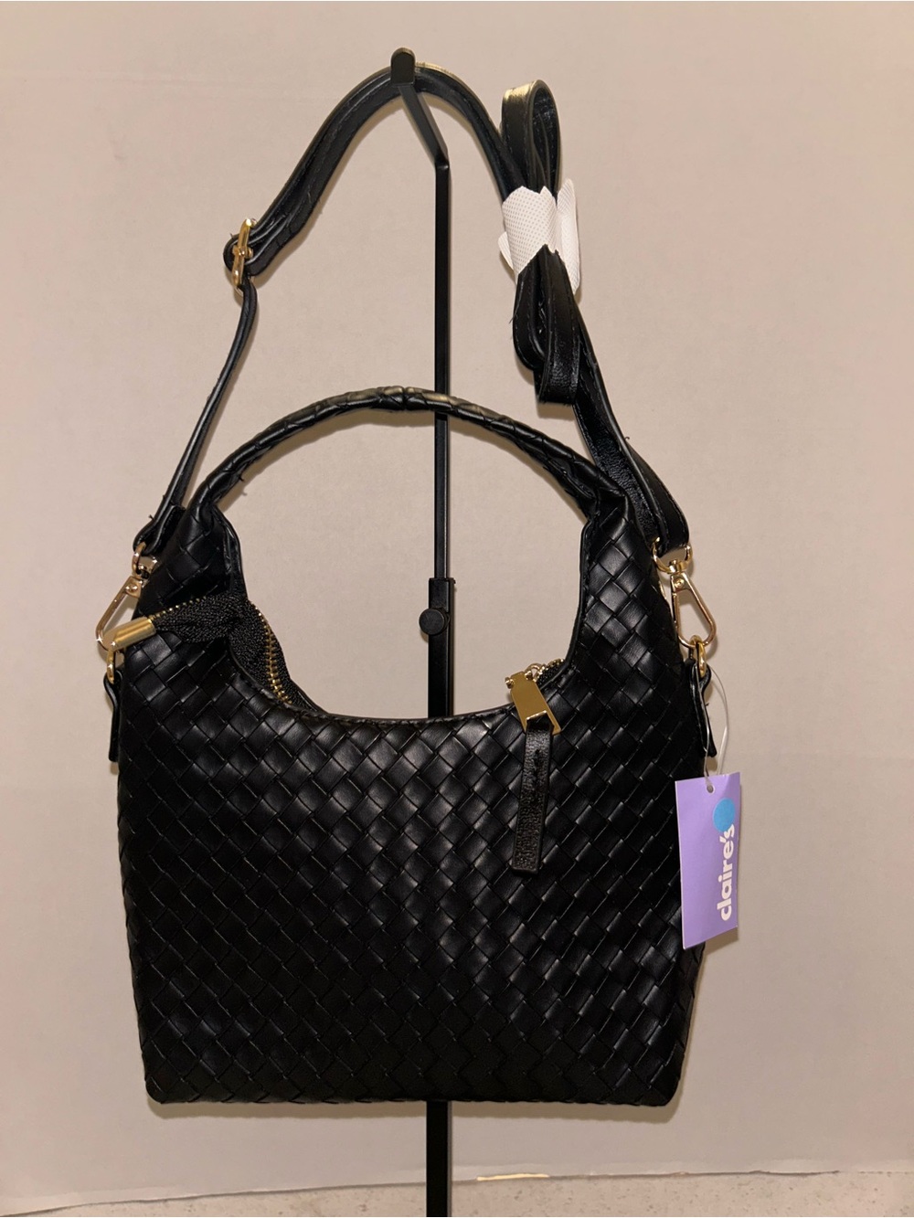 Claire's Black Woven Hobo Shoulder Bag with Gold Hardware